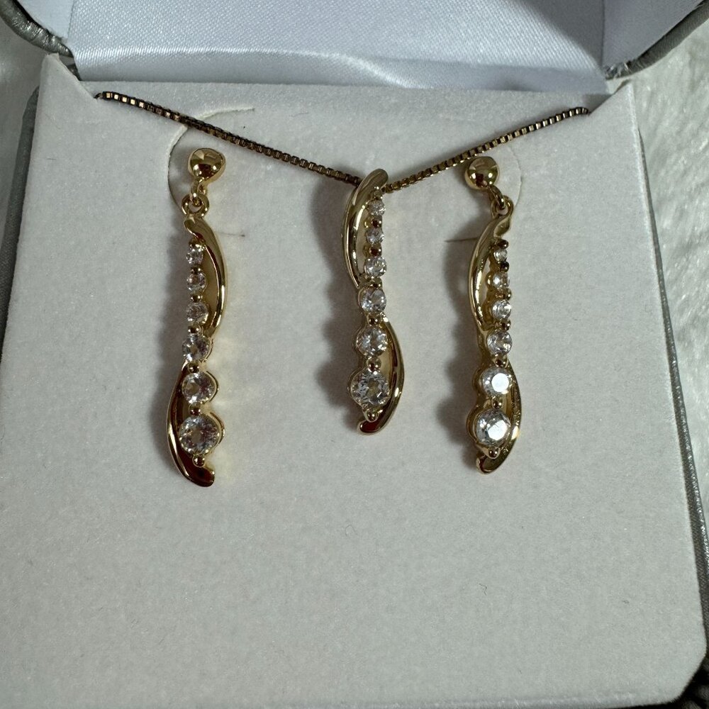 Gold Plated Sterling Silver Earrings & Necklace Set With CZ Stones JCPenney Box